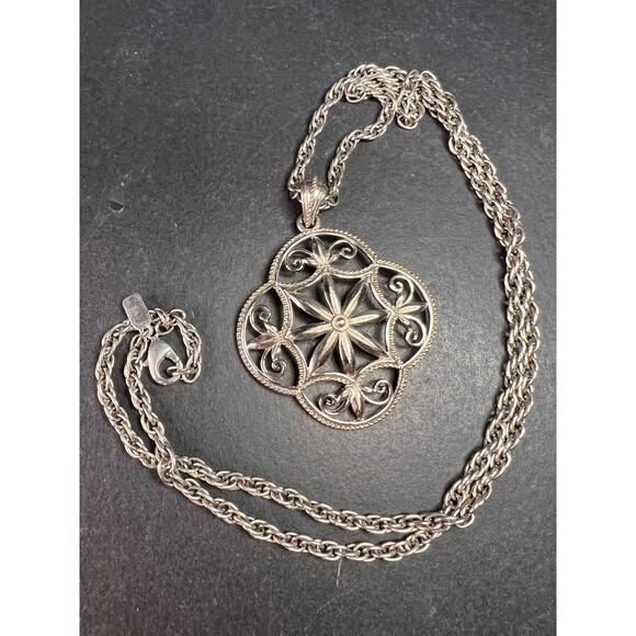 Vintage 1928 Silver Tone Filigree Medallion Rope Chain Necklace 28” - Picture 2 of 12